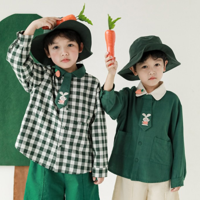 幼悠儿童春秋款卡通兔兔刺绣男童清新可拆卸文艺格子衬衫潮 N3120