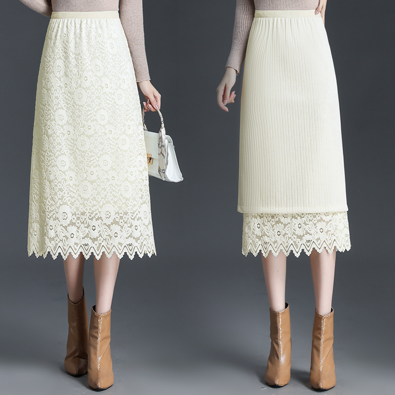 秋冬季显瘦半身裙女高腰两面穿蕾丝中长款A字加厚雪尼尔包臀冬裙