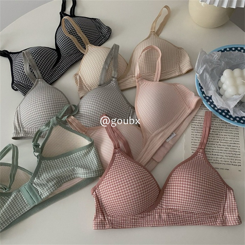 2023新款秋冬格子文胸女薄款无钢圈舒适聚拢上托胸罩百搭学生内衣