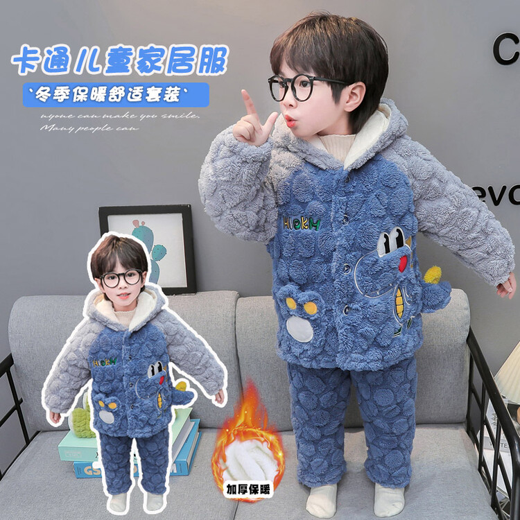 秋冬季儿童睡衣套装女童女孩法兰绒珊瑚绒夹棉三层加厚家居服加绒