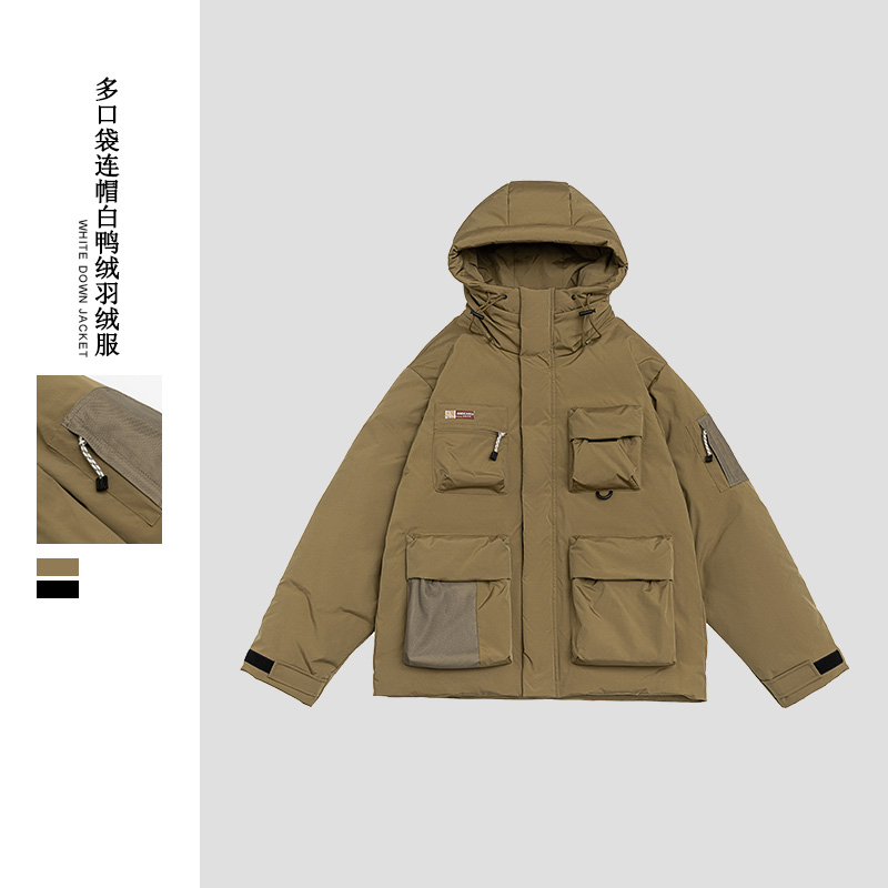 2024新品设计感多口袋户外连帽90白鸭绒羽绒服加厚面包服情侣外套