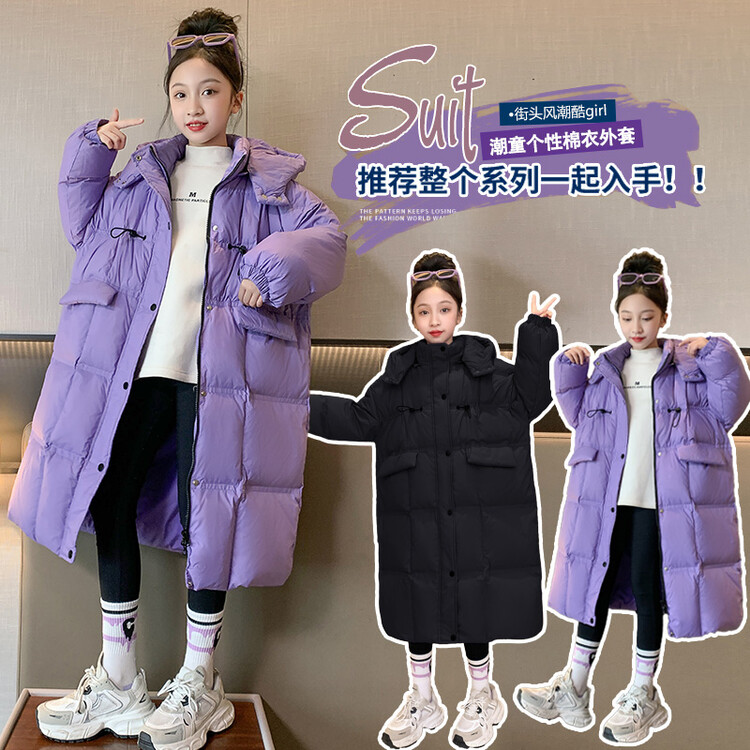 女大童冬装长款连帽时尚加绒棉服2023冬季新款宽松保暖外套加厚