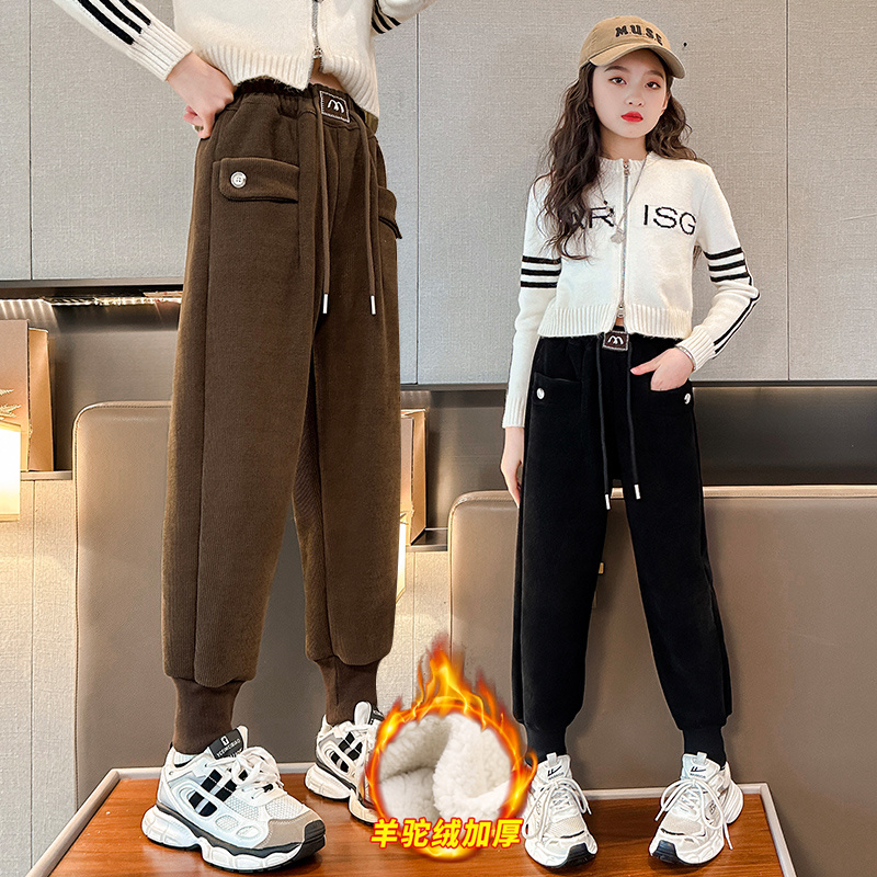 女童加绒裤子冬季加厚运动裤2023新款中大童羊羔绒一条过冬休闲裤