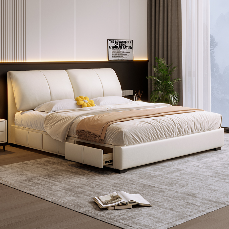 卡尔适真皮床意式极简主卧大床现代高箱储物头层皮互不打扰双人床