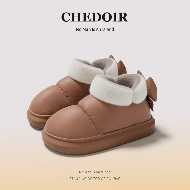 雪地保暖棉靴女冬季可爱蝴蝶结加绒加厚保暖防水防寒短筒棉鞋外穿