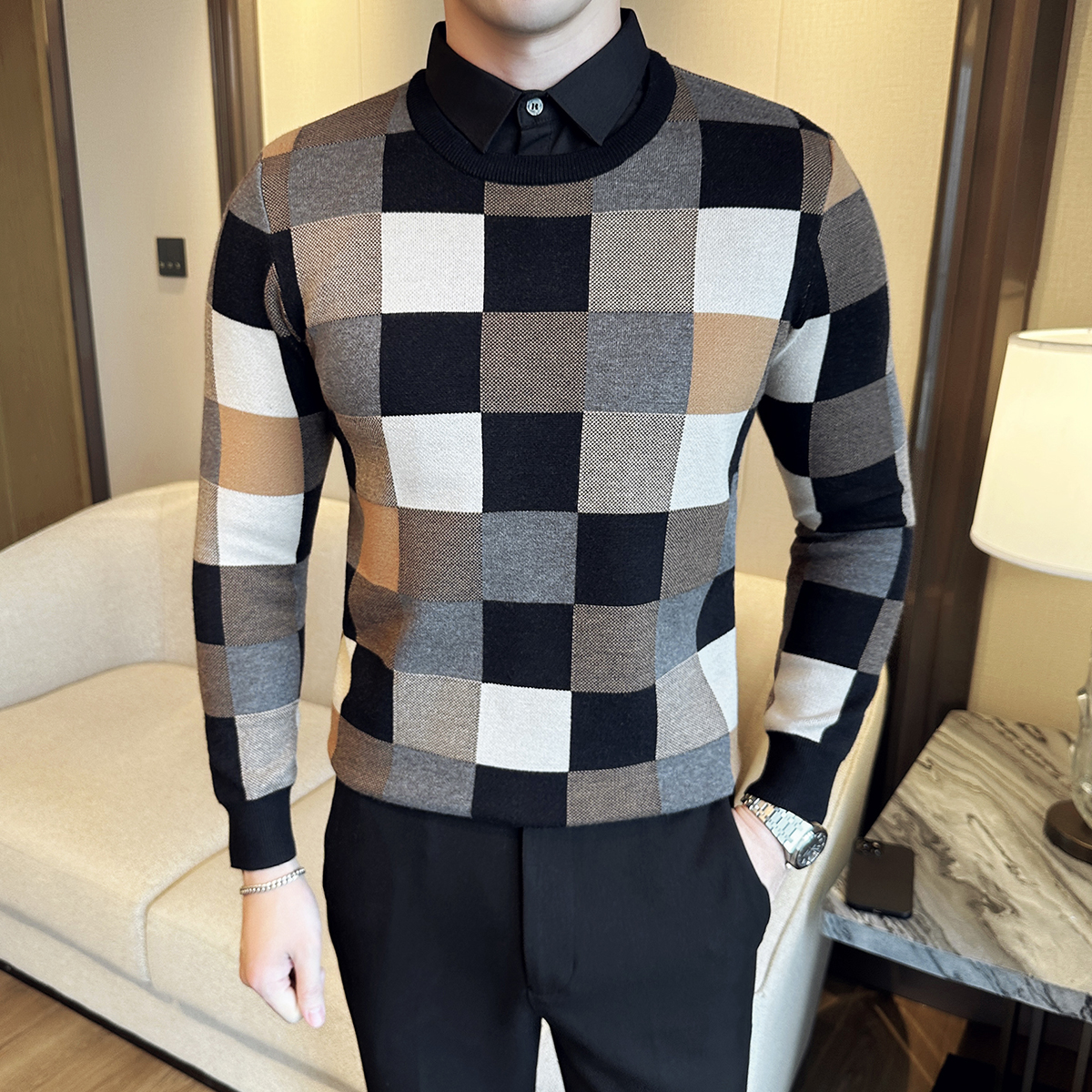假两件格子毛衣男英伦雅痞风格男装秋冬针织打底衫男款衬衫领上衣