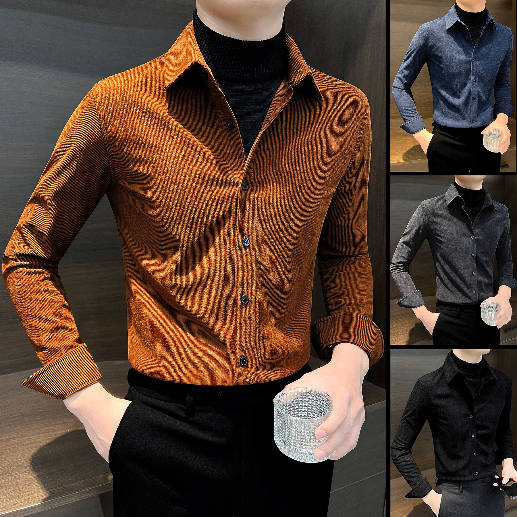 灯芯绒毛衣衬衫男款冬季长袖针织衫假两件男2023新款爆款保暖衬衣