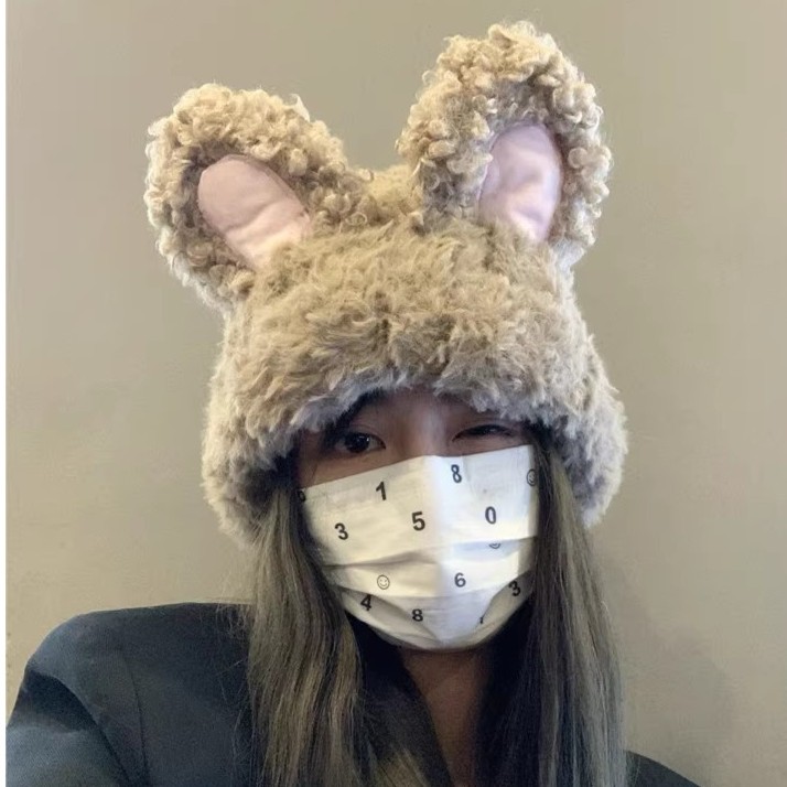 可爱兔子耳朵针织帽子女冬大头围甜美毛线帽显脸小保暖百搭雷锋帽