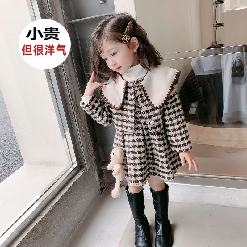 女宝秋冬季连衣裙长袖千鸟格中小童衣服洋气女童秋装套装2023新款