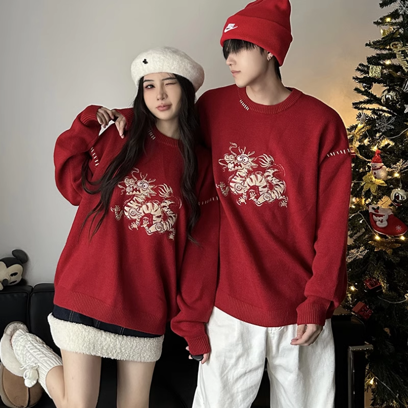 情侣装冬季新款高级感新年红色毛衣韩版慵懒风宽松超火针织衫外套