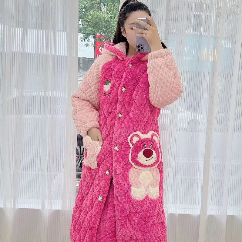 P1010劲羽#加绒加厚连帽可爱口袋绣花可外穿套装家居服