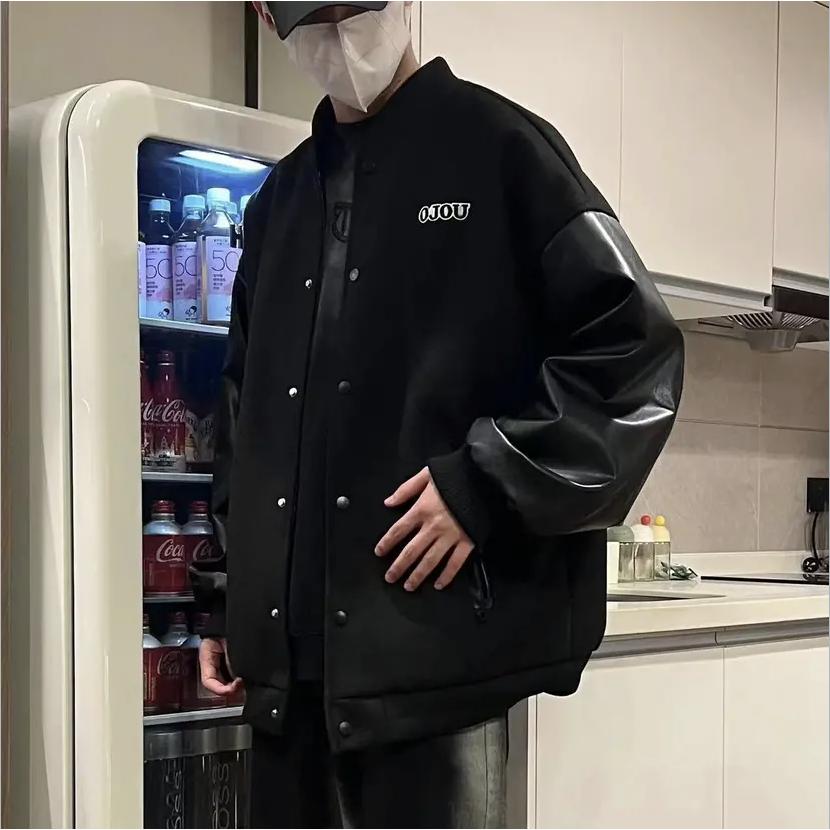 国潮美式潮流毛呢皮袖翻领棒球服男外套秋冬新款男潮牌痞帅感夹克