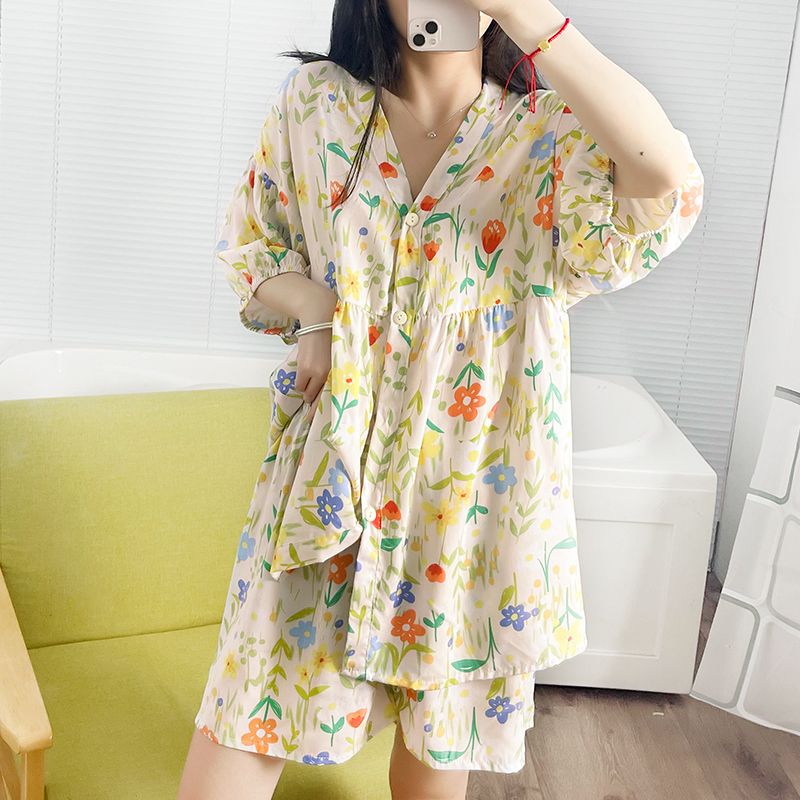 棉绸睡衣女夏季可外穿薄款开衫套装日系可爱人造棉宽松家居服日式