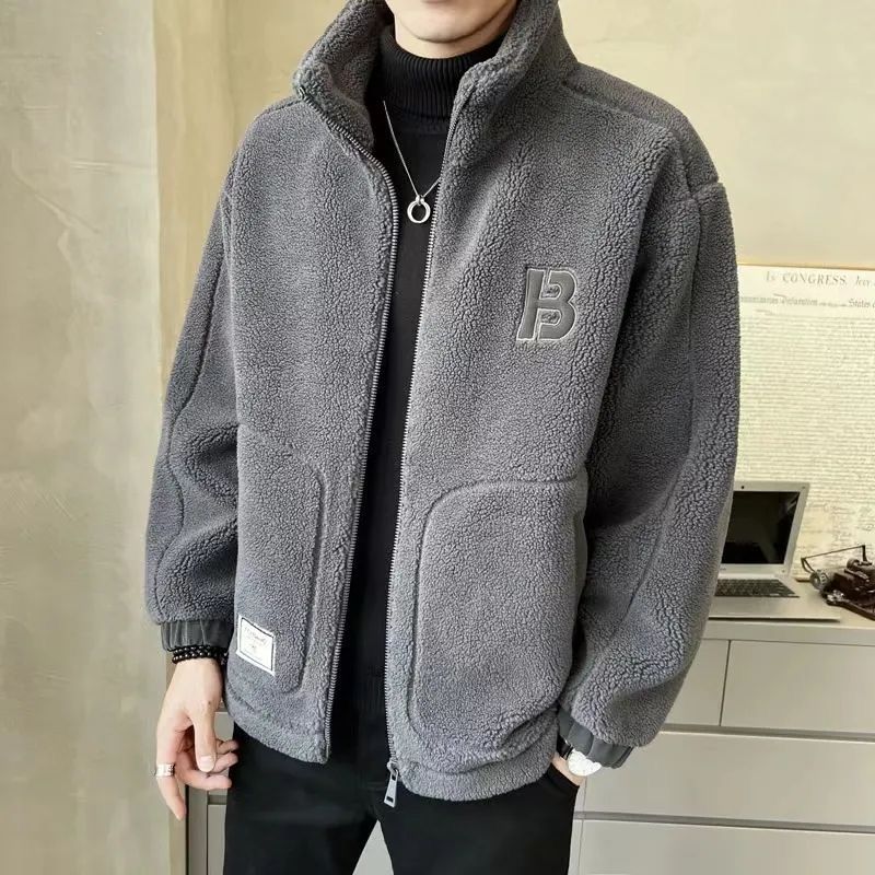男士2023男秋冬季新款羊羔外套男士立领潮流加加厚男装冬装外套潮
