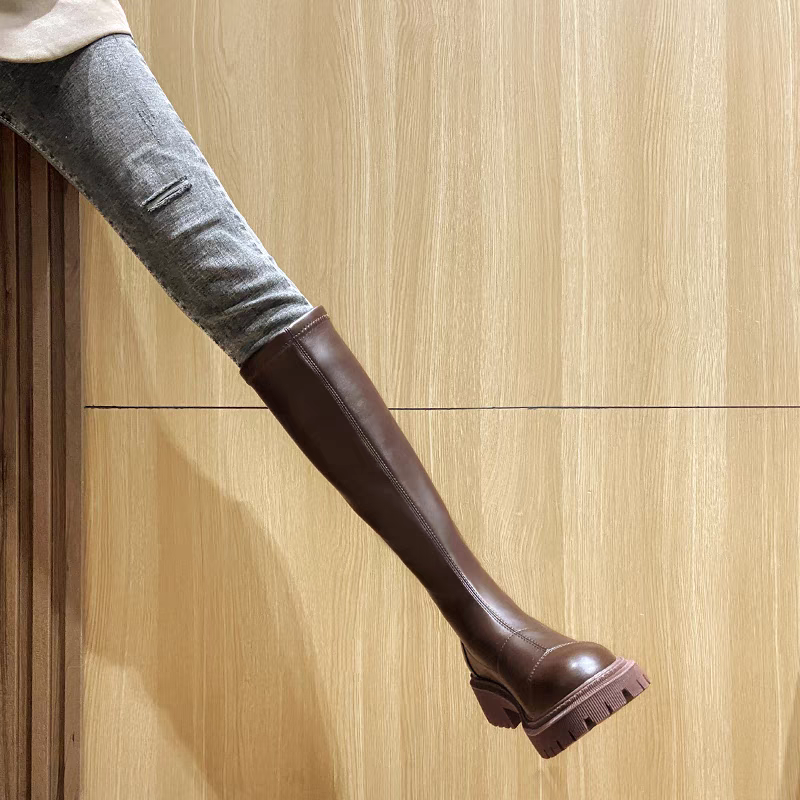 高筒骑士靴胖mm小个子显瘦厚底长筒靴女2023秋冬新款圆头粗跟长靴