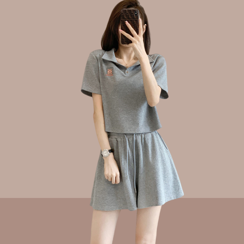 时尚套装女2024新款夏装韩版休闲运动服短袖POLO衫阔腿短裤两件套