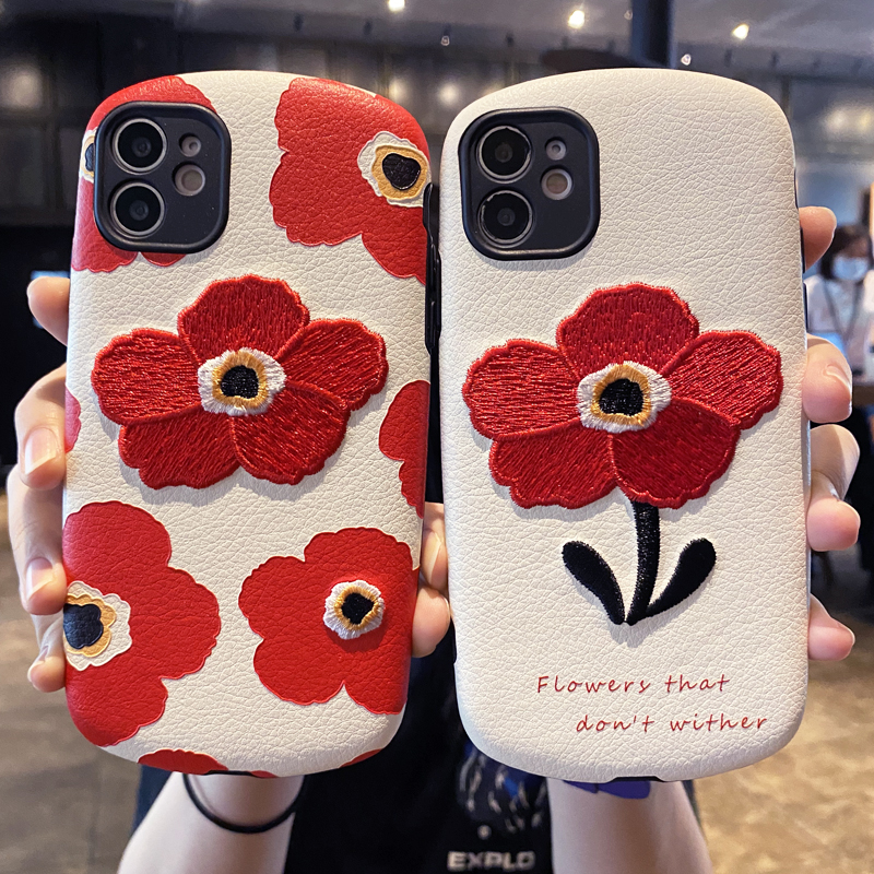 粹美新潮防摔刺绣红花网红手机壳女苹果iPhone14 Pro Max个性XR13