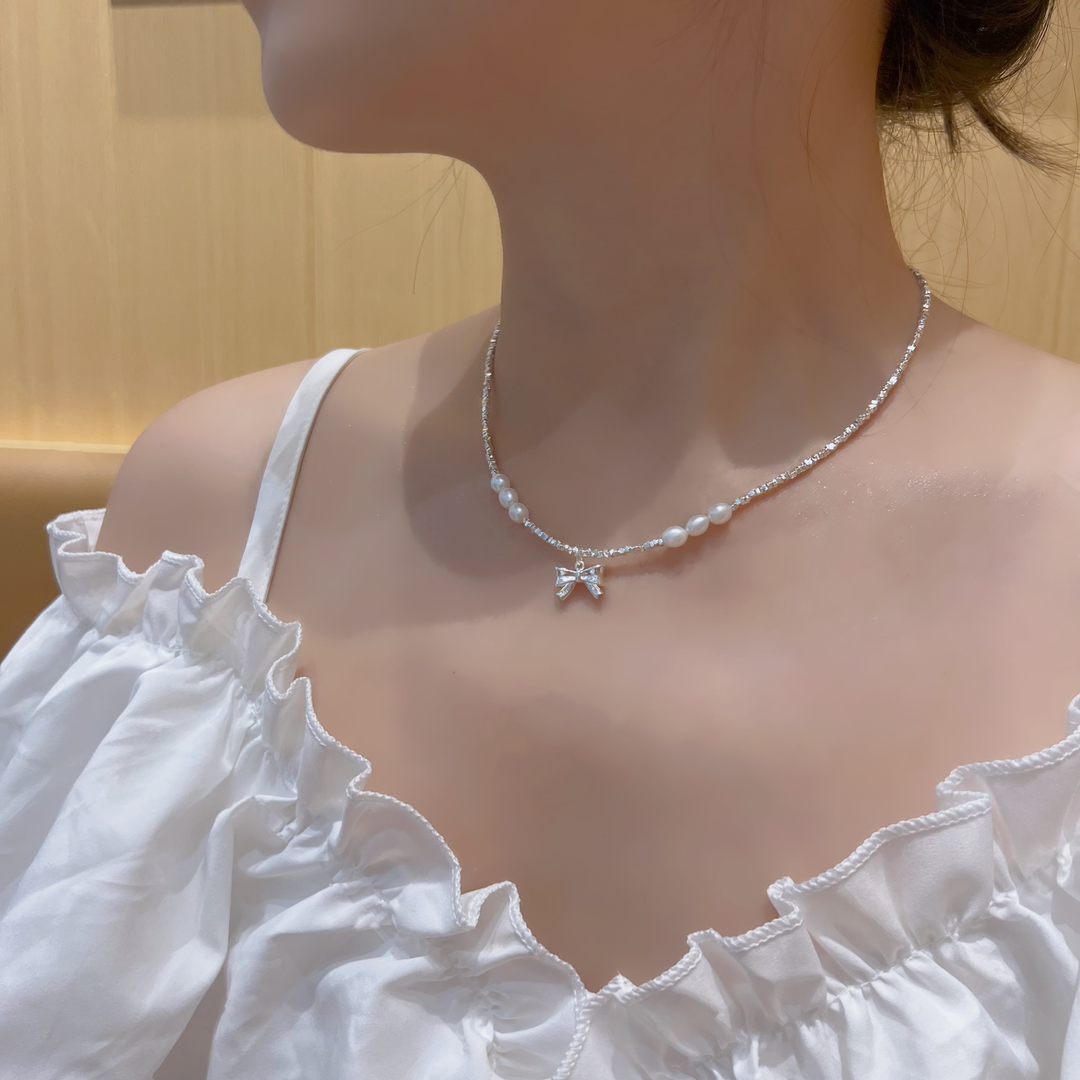 链子925银 Ben.S S925纯银蝴蝶结珠珠碎银几两项链锁骨链时尚A005
