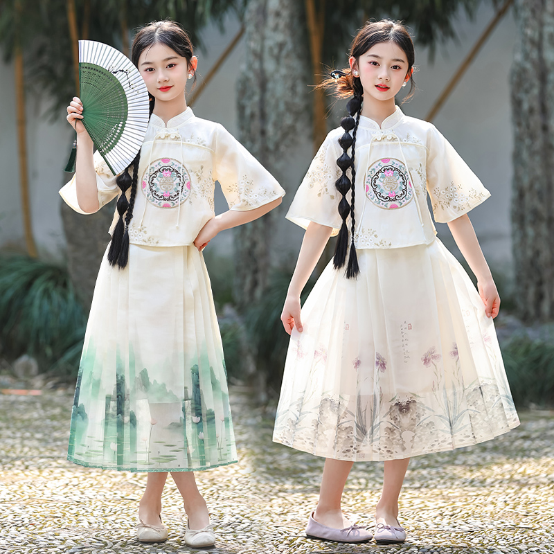 女童马面裙夏季2024新款中大童复古唐装汉服儿童中国风连衣裙套装