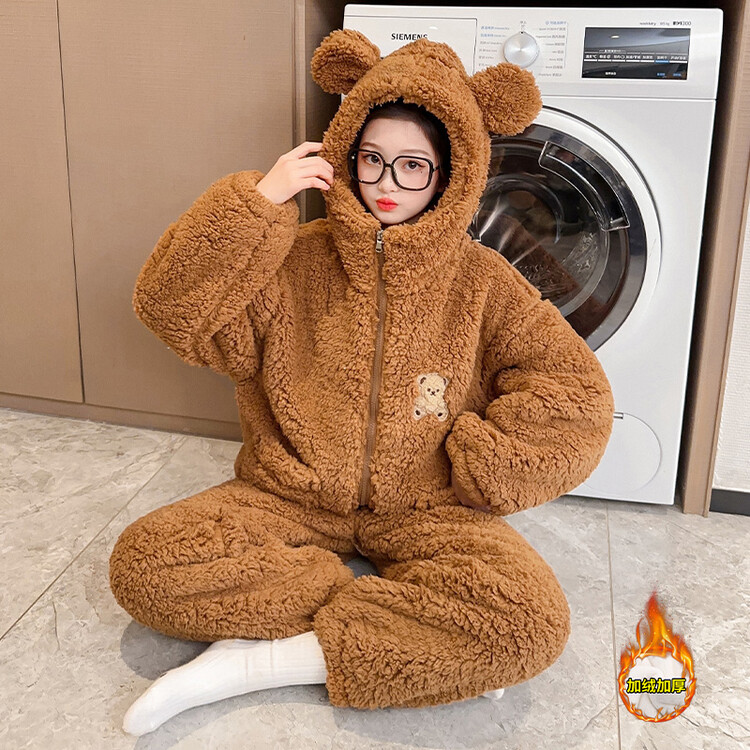 三层加厚夹棉睡衣儿童女孩冬季大童保暖套装女童珊瑚法兰绒家居服