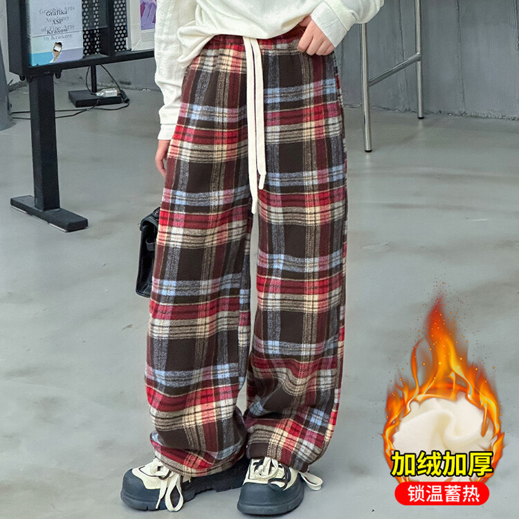 女童裤子一体奥粒绒加厚保暖2023冬季新款女孩韩版甜美格子裤长裤