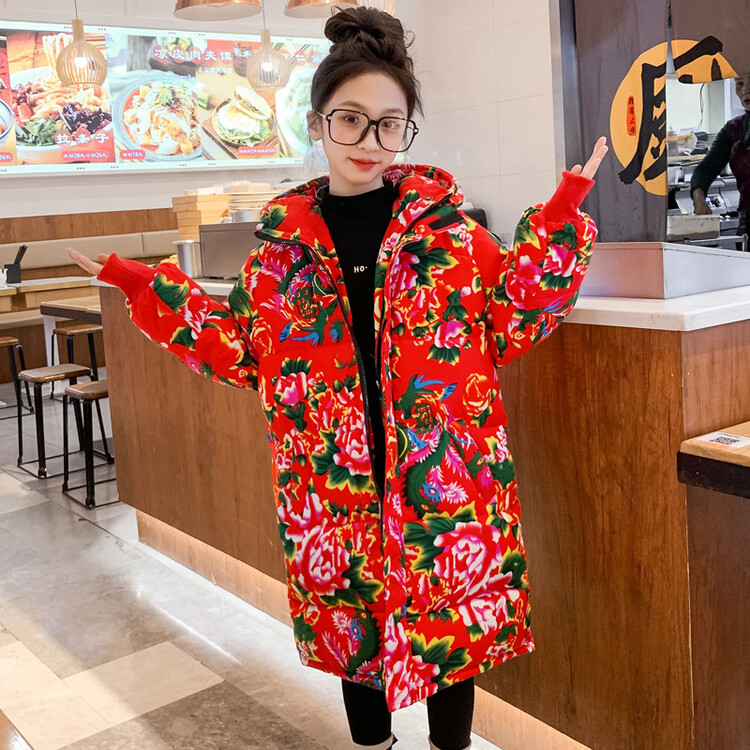 女童棉服东北大花棉袄儿童宝宝冬季中国风中长款棉衣小孩拜年服