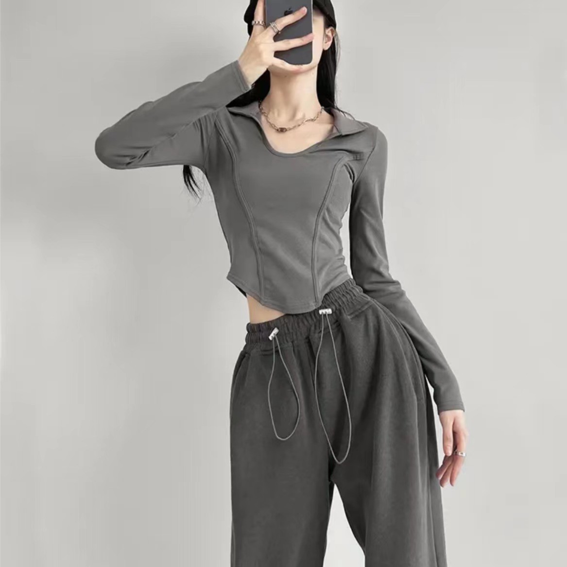 18修身长袖显瘦运动服美式辣妹紧身露脐鱼骨短外套打底衫束腰卫衣