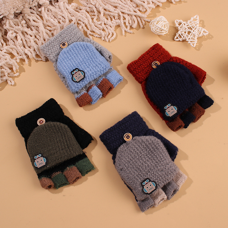 秋冬儿童半指手套提花厚男女中童小学生写字露指翻盖五指针织手套