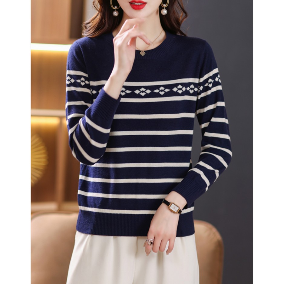 DS#圆领条纹长袖毛衣2023秋冬新款百搭针织上衣打底衫女DY6041