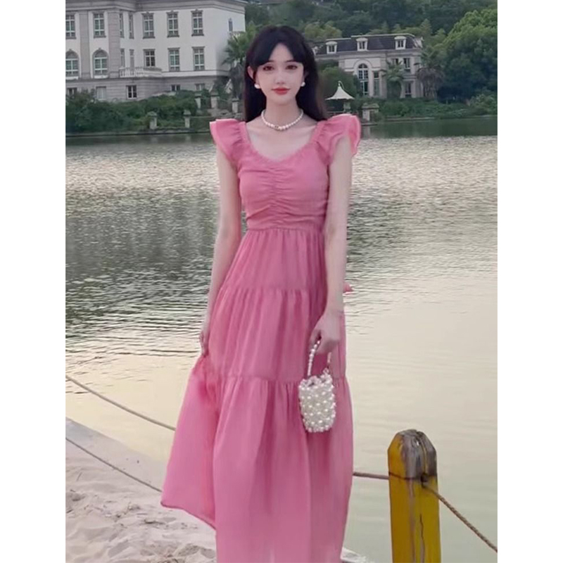 粉色飞飞袖连衣裙气质法式大蝴蝶结出片超仙百搭裙子少女心薄款