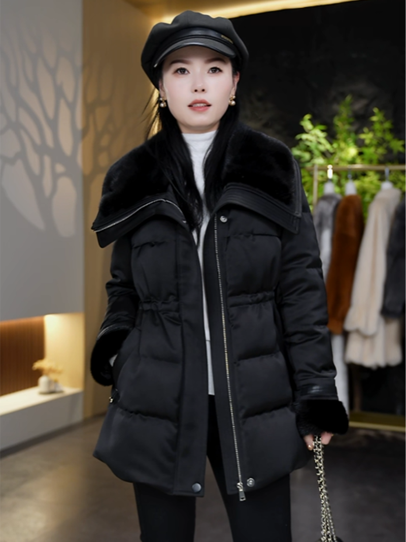 高端水貂大翻领鹅绒保暖羽绒服小A版显瘦修身袖口整貂高端面料