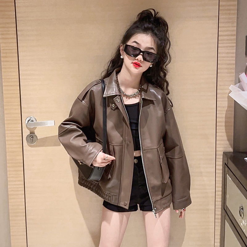 女童PU皮衣外套秋冬2023新款儿童洋气中大童韩版时髦炸街夹克上衣