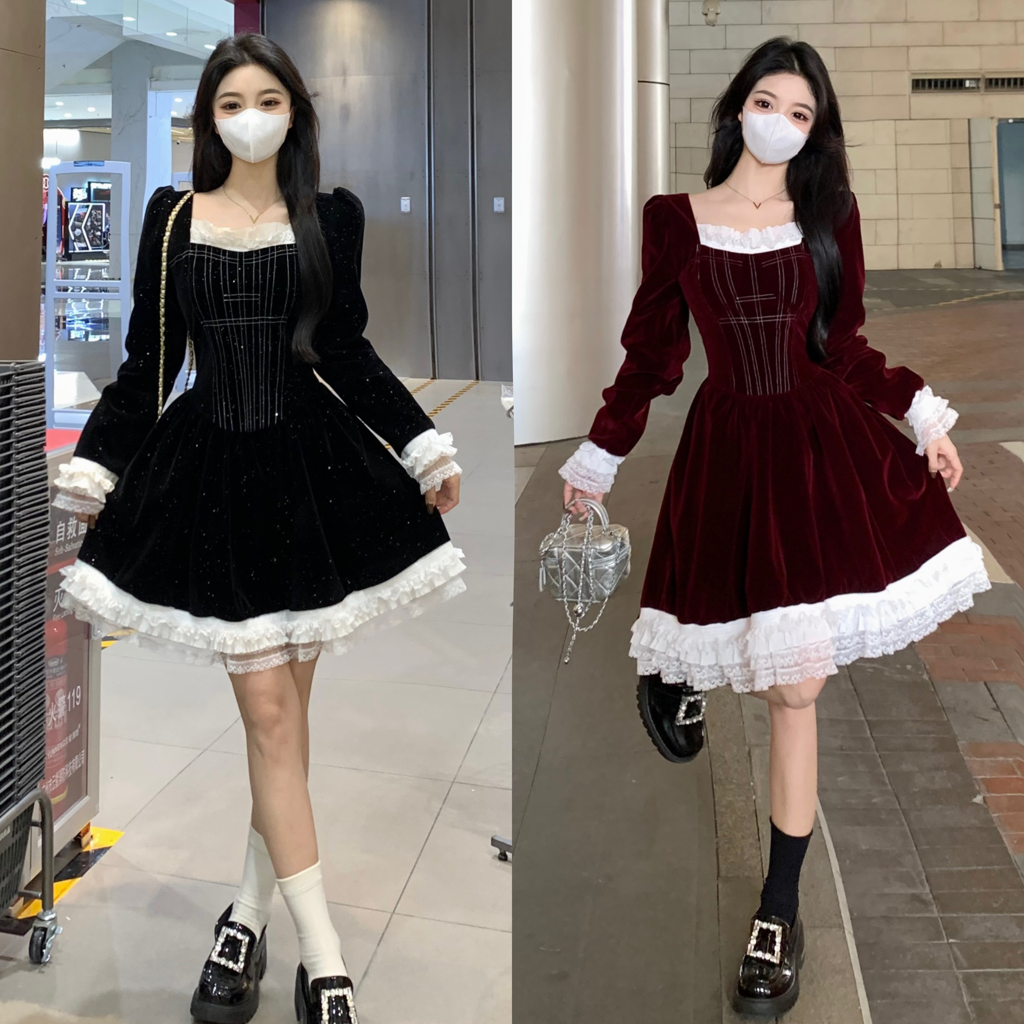 大码浆果甜心复古圣诞年会甜美丝绒蕾丝拼接减龄长短款显瘦连衣裙