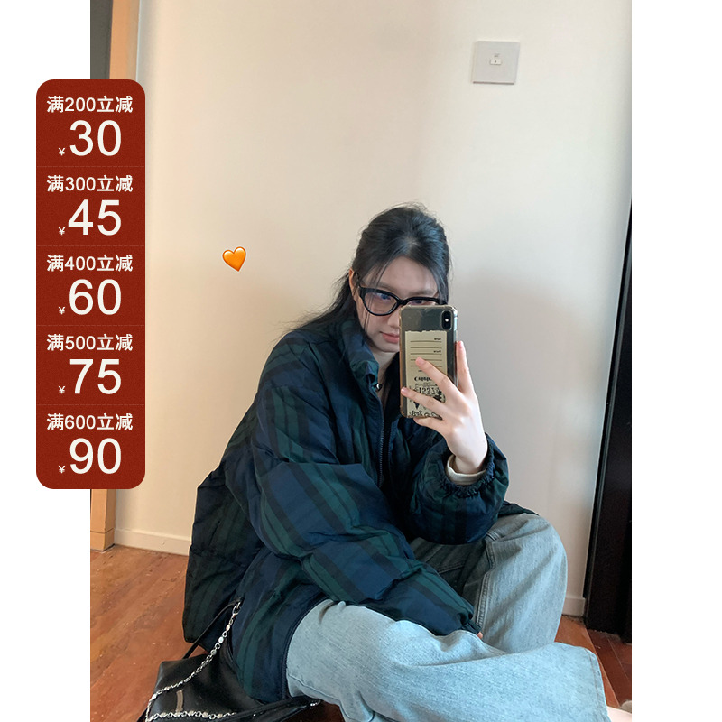 王少女的店 藏蓝色休闲百搭立领外套格纹加厚保暖上衣 Y10406S34