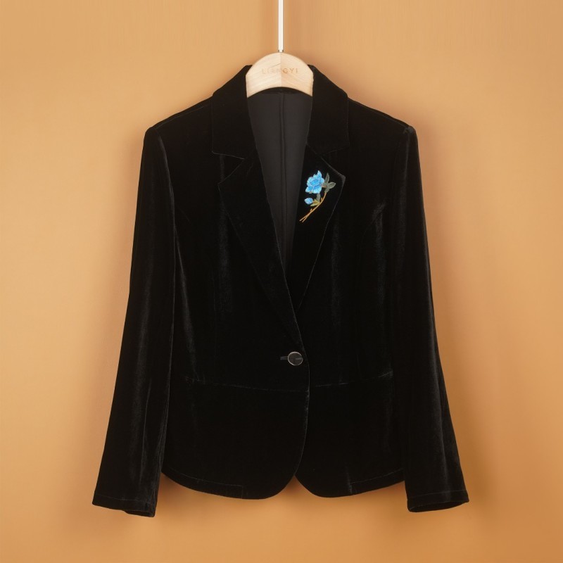 SR2283026 黑色高级感真丝绒西装外套女秋季新款刺绣花V领上衣