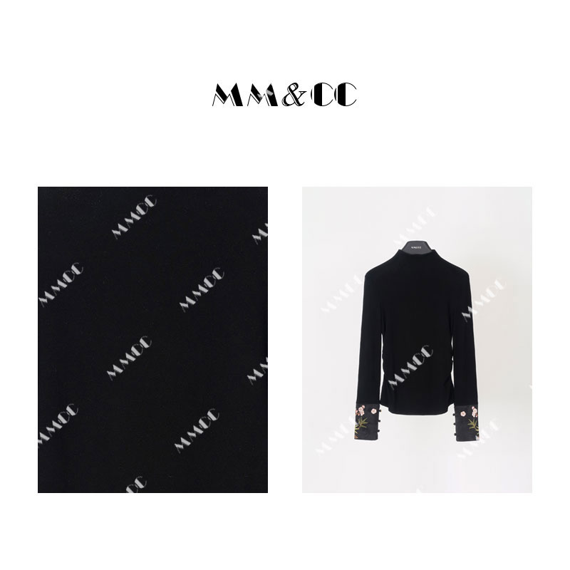 【桃之夭夭】新中式国风金枝玉叶刺绣弹力上衣女袖口拼接打底E6870