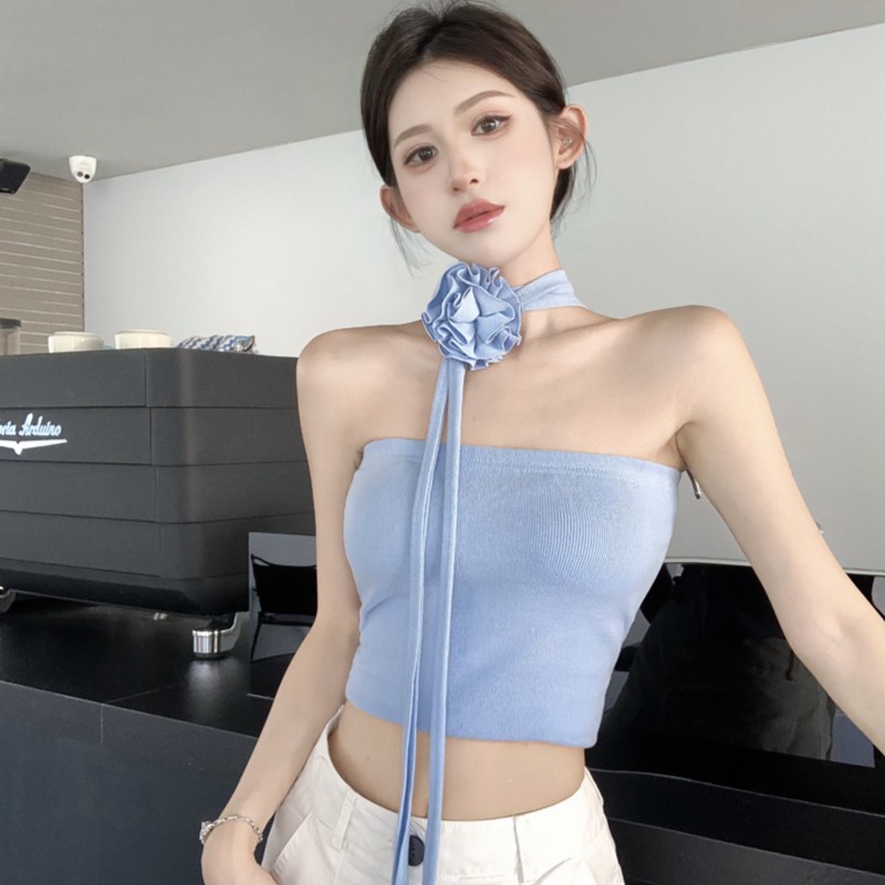 夏新款辣妹风高级感立体花朵围脖修身弹力显瘦抹胸背心女围胸上衣