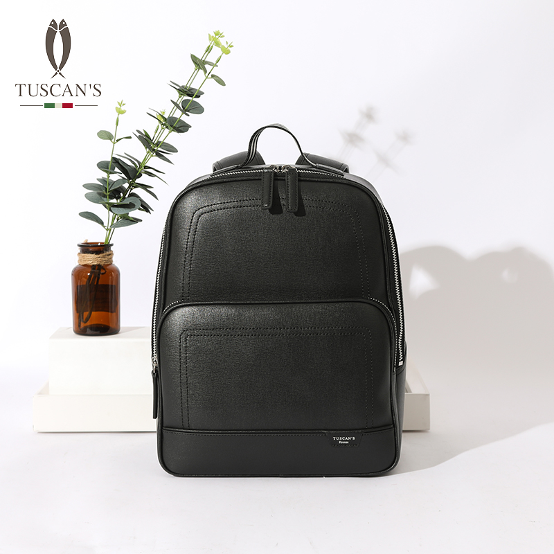 TUSCAN'S黑色双肩背包真皮多功能背包商务户外休闲简约TS时代双鱼
