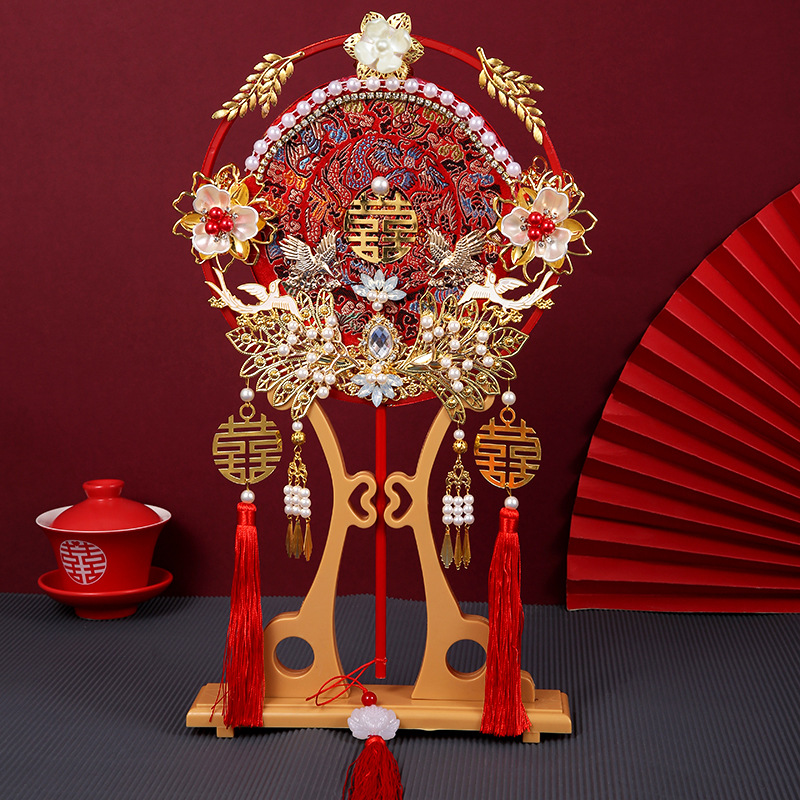 结婚双面团扇新婚秀禾新娘婚扇中式婚礼喜扇古风扇长柄成品扇礼盒