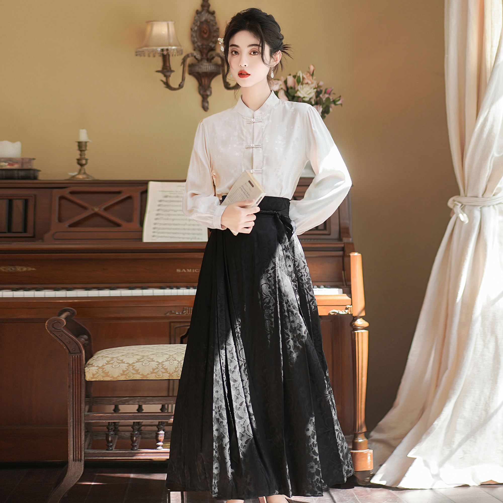 新中式改良汉服女明制汉元素国风日常立领衬衫提花马面裙长裙套装