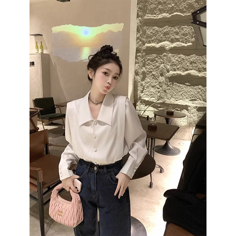 高级感别致漂亮醋酸缎面白色衬衫女春秋垂感内搭打底衬衣叠穿上衣