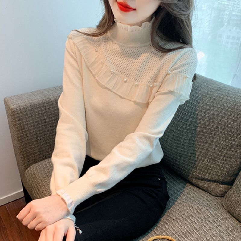 G2023秋冬新款设计感半高领设计感针织荷叶边重工钉珠打底外穿上