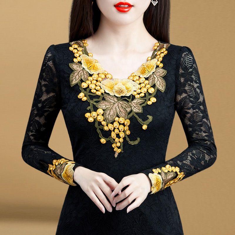 G薄款/加绒2023秋冬新款蕾丝打底衫女装欧货洋气圆领长袖T恤上衣