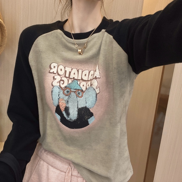 ［四季青穿搭］新韩版百搭修身显瘦时尚涂鸦小象爱心插肩T恤310128