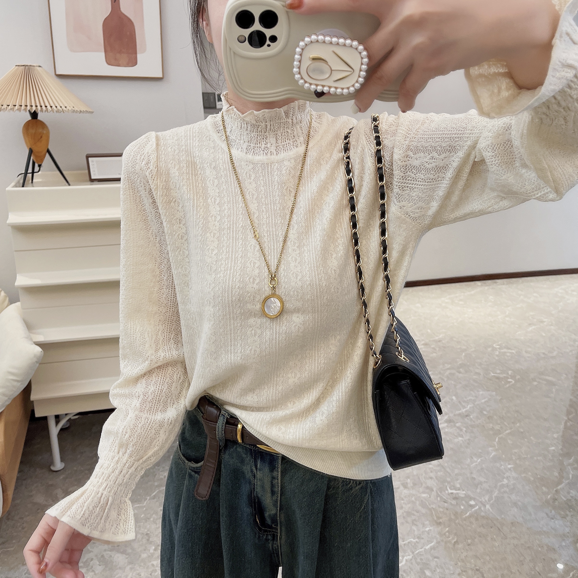 ［百灵］新款百搭修身显瘦原创设计气质蕾丝提花针织长袖打底39160