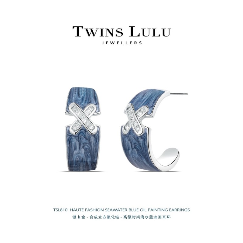 铜合金合成锆石耳饰 小众简约素款ins蓝色X字形时尚耳环TSL810