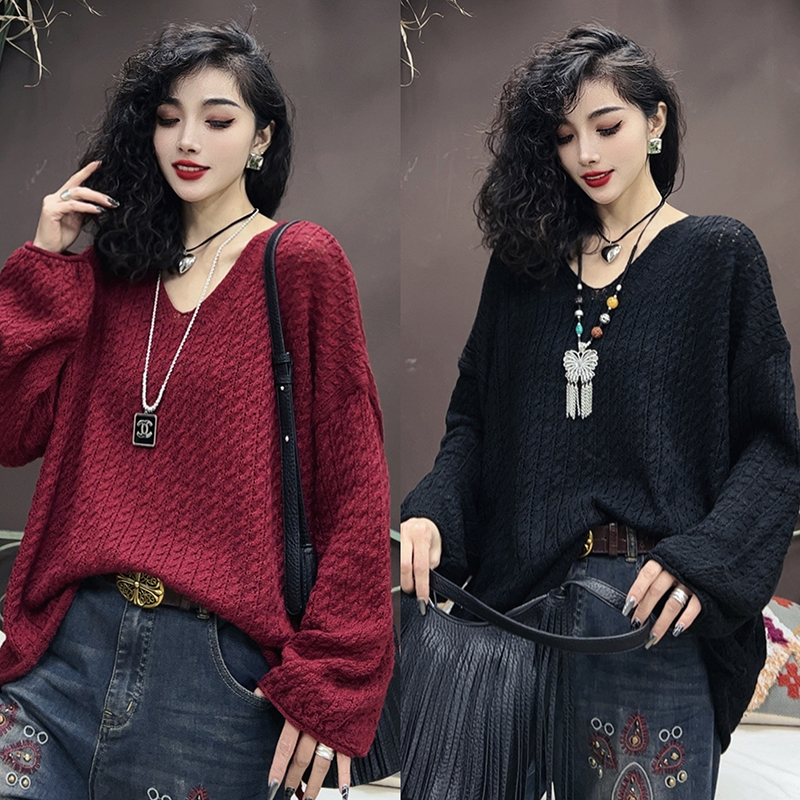 秋冬时尚镂空宽松套头透气休闲百搭圆领气质韩版女装针织衫-1407