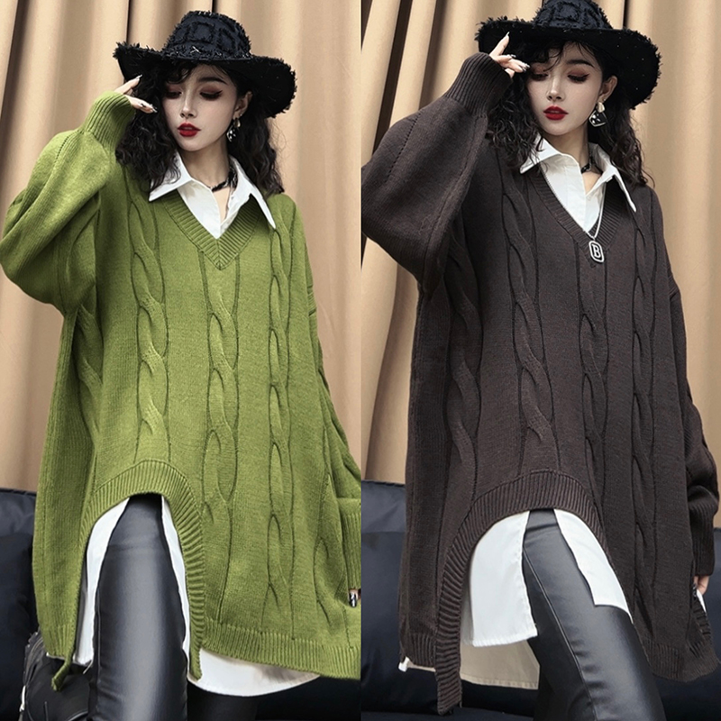 秋冬大码百搭毛衣上衣V领时尚宽松显瘦胖mm韩版长袖针织衫-8053