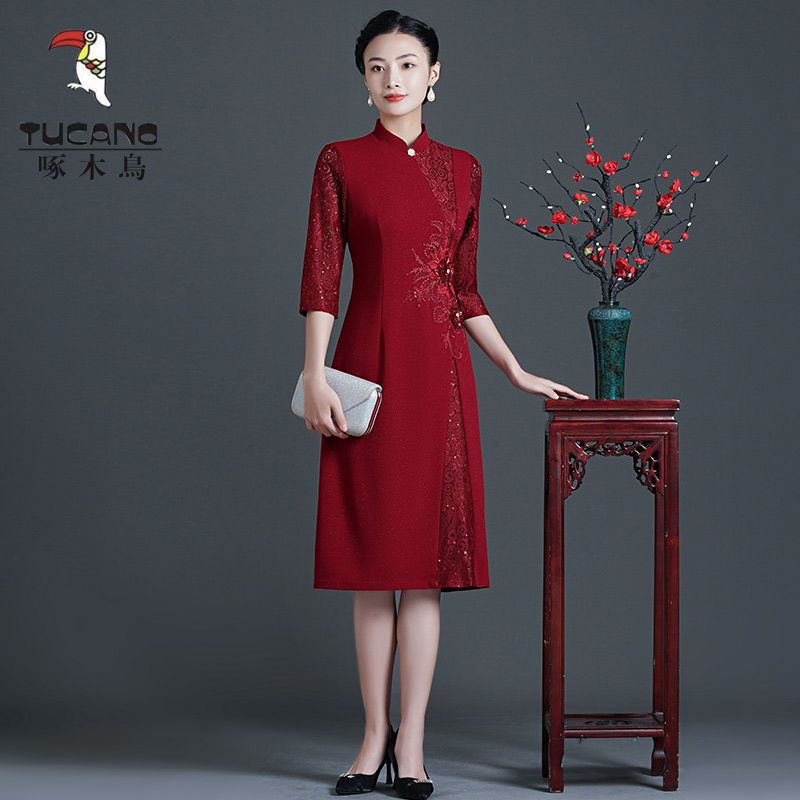 啄木鸟喜婆婆婚宴装红色轻奢刺绣高端女装参加婚礼妈妈礼服连衣裙
