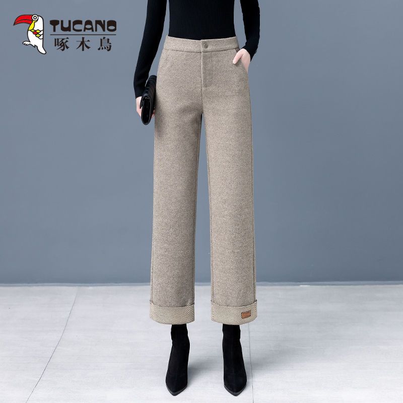 官方正品【啄木鸟】毛呢阔腿裤女高腰显瘦秋冬款小个子加厚九分呢